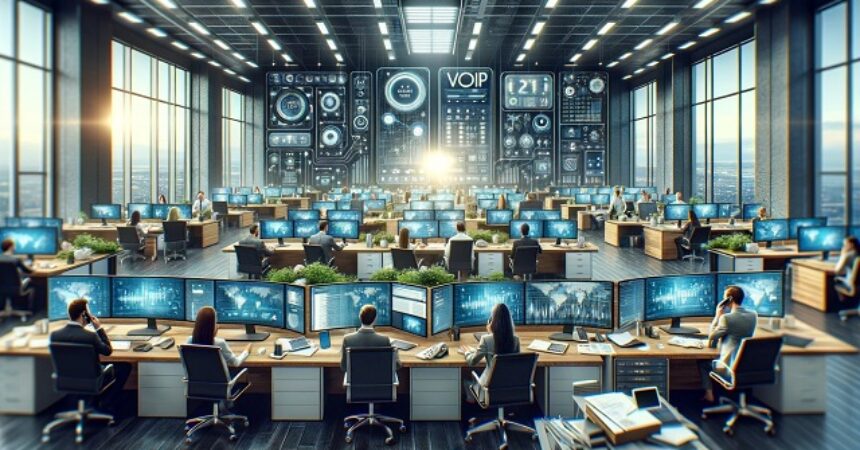 Profesjonalne środowisko biurowe z zastosowaniem technologii VoIP, przedstawiające zespół specjalistów pracujących nad rozwiązaniami telekomunikacyjnymi.