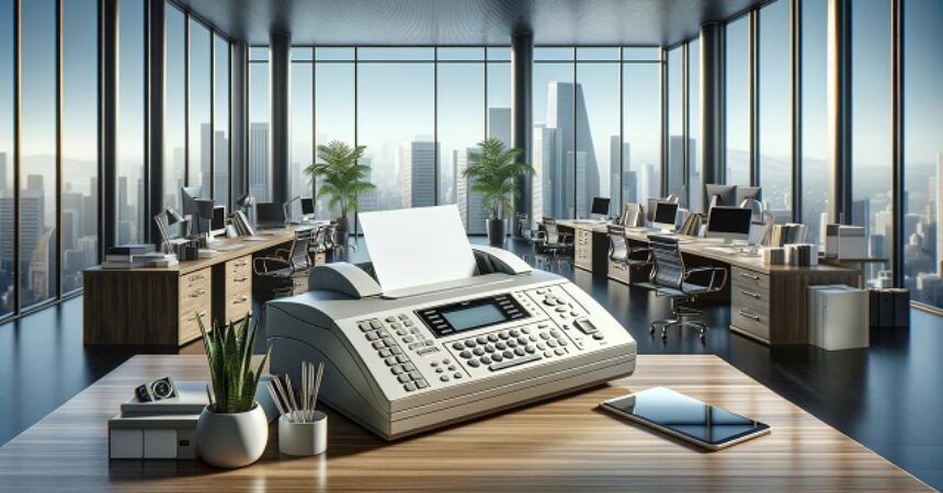 Nowoczesne biuro z maszyną do faksów na biurku, otoczone współczesnym sprzętem biurowym, z widokiem na miejską linię horyzontu przez duże okna, ilustrujące połączenie tradycyjnego faksowania z metodami komunikacji cyfrowej.