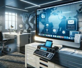 Nowoczesne biuro z zaawansowaną technologią, monitor komputerowy z otwartą aplikacją email gotową do wysłania dokumentu i cyfrowy faks zintegrowany z komputerem, symbolizujący połączenie tradycyjnych metod faksowania z nowoczesnymi rozwiązaniami internetowymi, na tle mapy świata akcentującej międzynarodową komunikację.