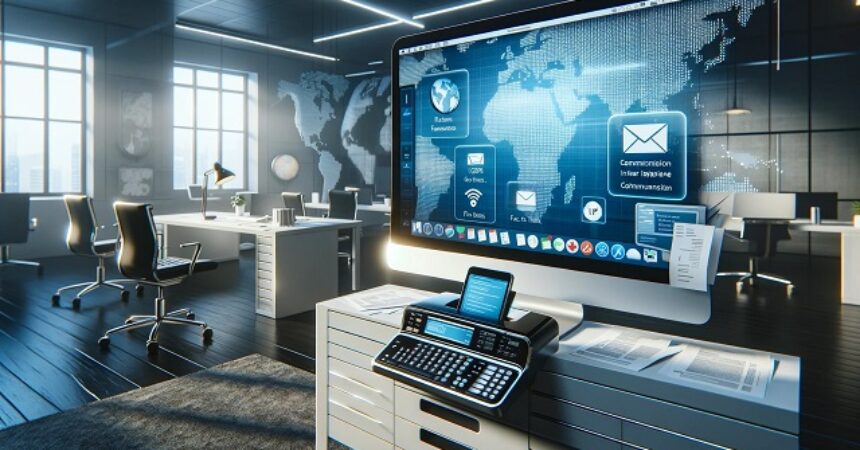 Nowoczesne biuro z zaawansowaną technologią, monitor komputerowy z otwartą aplikacją email gotową do wysłania dokumentu i cyfrowy faks zintegrowany z komputerem, symbolizujący połączenie tradycyjnych metod faksowania z nowoczesnymi rozwiązaniami internetowymi, na tle mapy świata akcentującej międzynarodową komunikację.