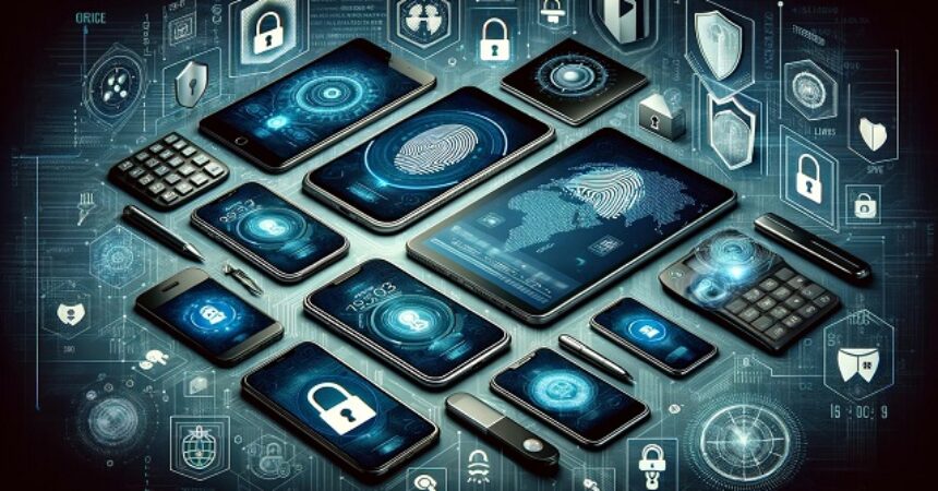 Zabezpieczone smartfony i tablety z funkcjami biometrycznymi i bezpiecznymi aplikacjami na tle symbolizującym ochronę cyfrową i cyberbezpieczeństwo.