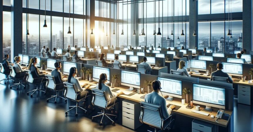 Nowoczesne biuro call center z pracownikami prowadzącymi rozmowy przez zestawy słuchawkowe, z komputerami na biurkach i widokiem na miasto w tle, symbolizujące globalne połączenie.