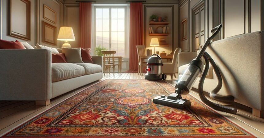 Przytulny salon z czystym, kolorowym dywanem, oświetlony i zapewniający ciepło oraz komfort, z nowoczesnym odkurzaczem na boku, podkreślający znaczenie utrzymania czystości. Dywan z intrygującymi wzorami podnosi estetyczny urok pomieszczenia, oddając istotę dbałości o dom i przytulną atmosferę, jaką czysty dywan wnosi do przestrzeni życiowej.