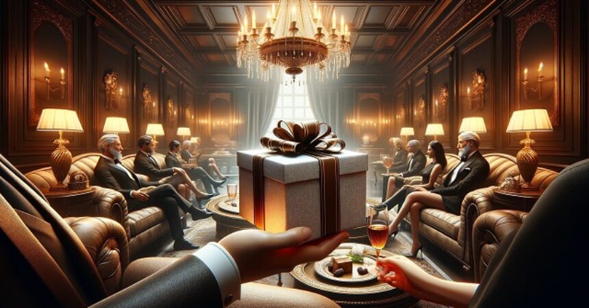 Luksusowa wymiana drogich prezentów na eleganckim wydarzeniu, podkreślająca wyrafinowanie i ekskluzywność podarunków.