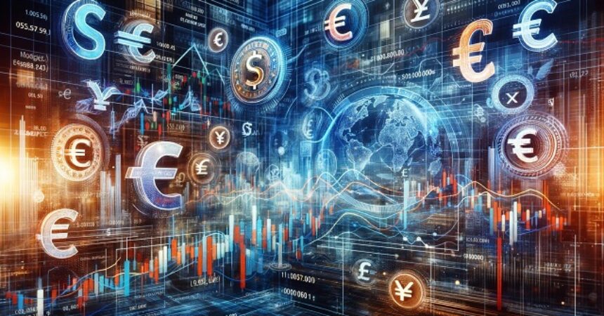 Realistyczne przedstawienie dynamicznego świata kursów walutowych, z euro, dolarem i frankiem szwajcarskim na tle cyfrowych wykresów i danych, ilustrujących zmienność na rynku finansowym.