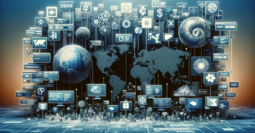 Wizualizacja międzynarodowych symboli bankowych i kodów SWIFT, w tym loga banków i interfejsy cyfrowe pokazujące transakcje finansowe, z elementami globalnej łączności jak mapy świata i połączenia sieciowe, odzwierciedlające międzynarodowy charakter bankowości i finansów.