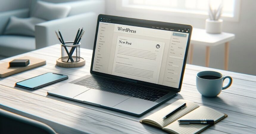 Nowoczesne, minimalistyczne miejsce pracy z otwartym laptopem pokazującym interfejs WordPressa, gotowe do tworzenia nowego wpisu na blogu, z filiżanką kawy, notatnikiem i długopisem na biurku pod miękkim, naturalnym światłem, symbolizujące łatwość i efektywność cyfrowego publikowania.