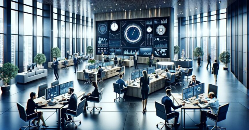Nowoczesne biuro instytucji finansowej z pracownikami zajmującymi się różnymi zadaniami, takimi jak dyskusje, praca na komputerach i prowadzenie rozmów telefonicznych, co podkreśla znaczenie terminowej realizacji transakcji finansowych i komunikacji.