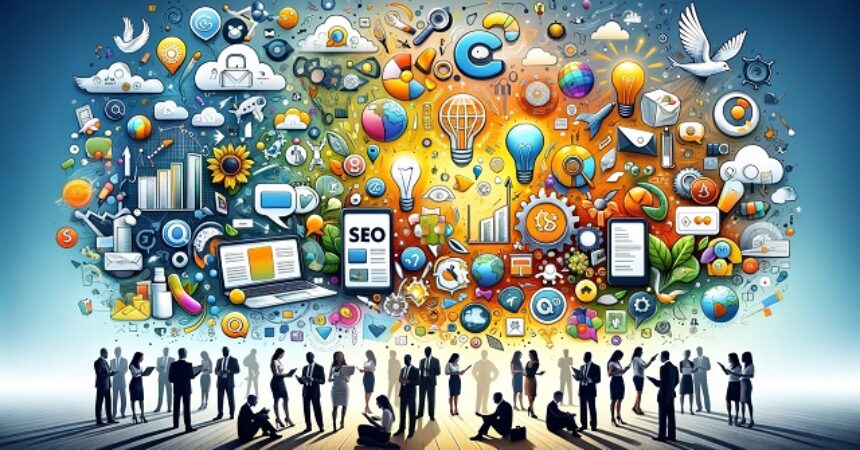 Wizualizacja strategii taniego marketingu dla małych firm, łącząca marketing cyfrowy i tradycyjny, z przedsiębiorcami korzystającymi z narzędzi marketingowych.