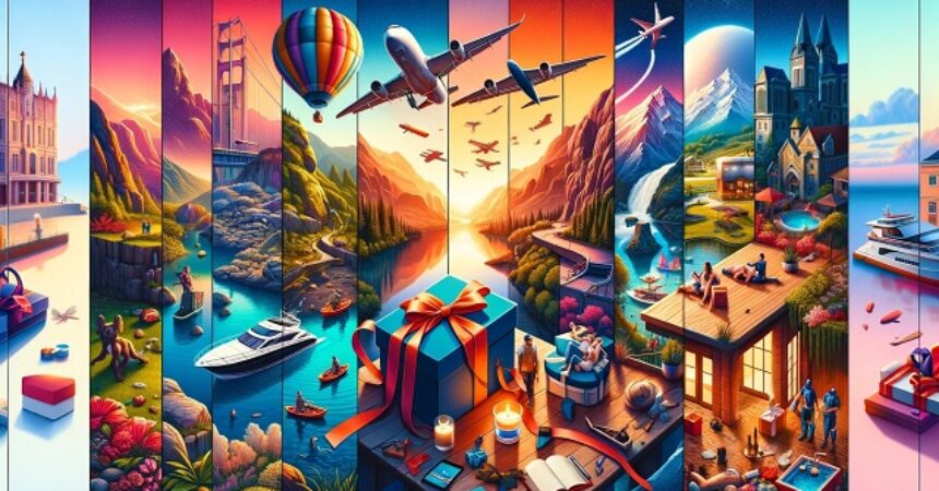 Kolaż doświadczeń z Niezwykłego Prezentu, w tym lot widokowy, wspinaczka, rejs po jeziorze, weekend w SPA i warsztat fotograficzny