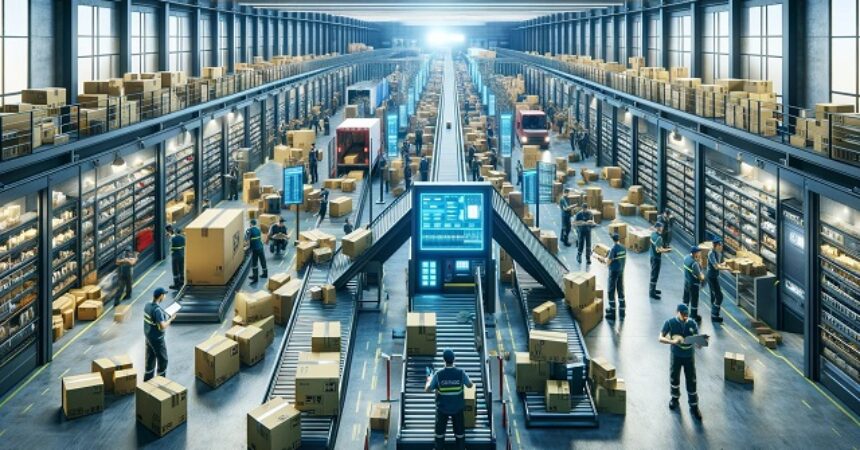 Dynamiczna scena w centrum usług kurierskich, z kurierami sortującymi przesyłki, przygotowującymi je do wysyłki i ładowaniem do samochodów dostawczych, w tle różnorodne paczki i nowoczesne technologie śledzenia przesyłek.