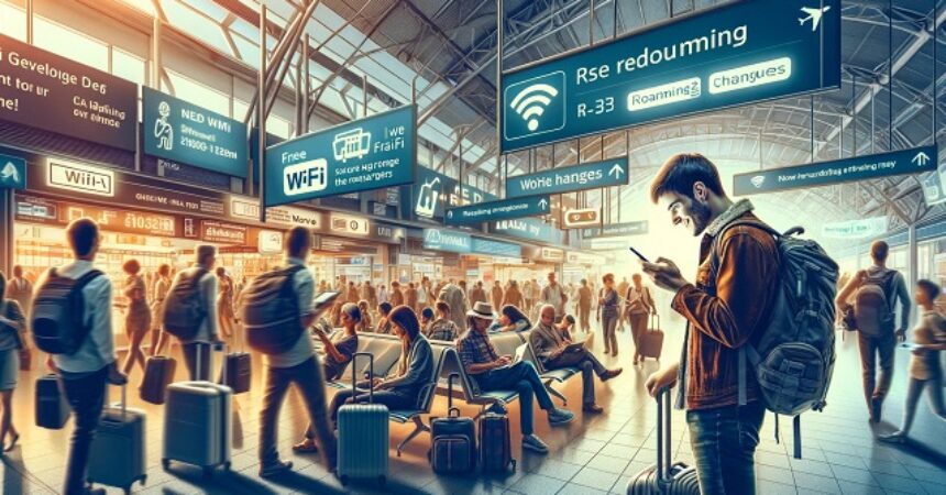 Scena na międzynarodowym lotnisku z podróżnymi korzystającymi z telefonów i tabletów, aby zarządzać kosztami roamingu.