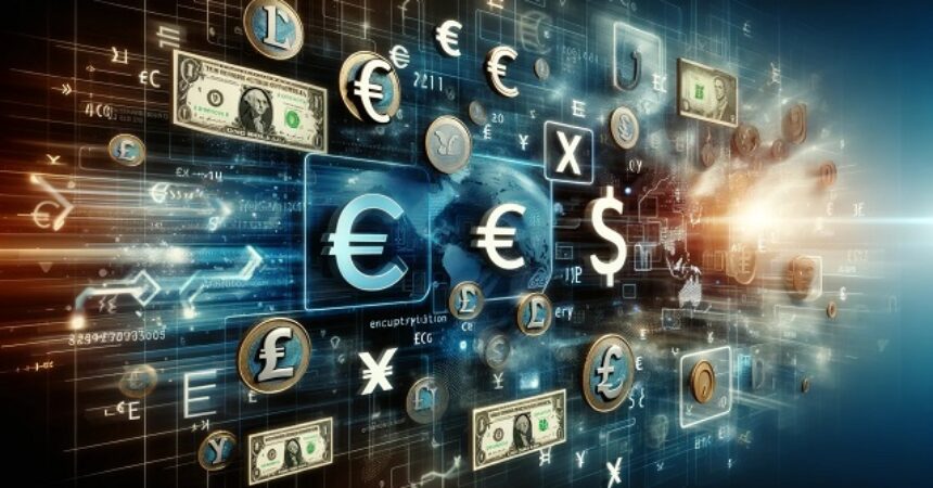 Grafika przedstawiająca wymianę walut w kantorze wirtualnym z elementami cyfrowego bezpieczeństwa i międzynarodowych walut, symbolizująca wygodę i bezpieczeństwo transakcji online.