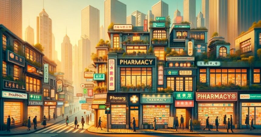 Pejzaż miejski z różnorodnymi aptekami o unikalnych i przyjaznych projektach, zatłoczony ulicami i ludźmi w interakcji, podkreślający rolę aptek w życiu codziennym i zdrowiu społeczności.