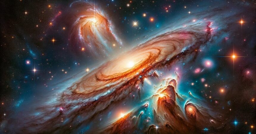 Kosmiczny pejzaż przedstawiający galaktykę spiralną przypominającą Andromedę, jasną mgławicę emisyjną podobną do Mgławicy Oriona oraz gromadę otwartą echo Plejad, wszystko na tle ciemnego, gwiaździstego nieba.