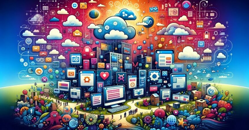 Ilustracja przedstawiająca różnorodne narzędzia webowe do zarządzania treścią, e-commerce, blogi i fora, symbolizująca łatwość instalacji i szeroki zakres funkcjonalności dostępnych dzięki instalacji jednym kliknięciem.