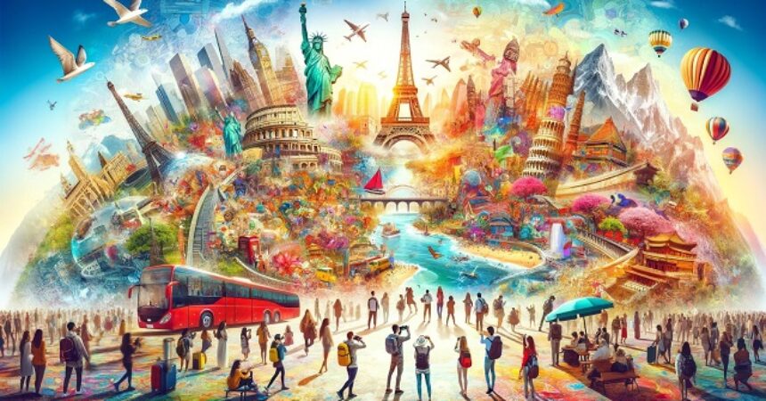 Ilustracja przedstawiająca esencję globalnych podróży i odkryć, z ikonami takimi jak Wieża Eiffla, Wielki Mur Chiński, piramidy w Egipcie, góry i plaże, z ludźmi odkrywającymi różnorodne kultury.