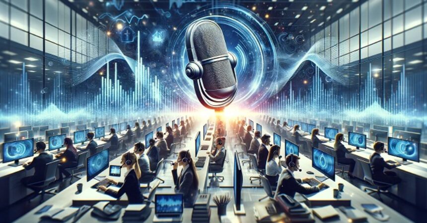 Zajęty call center z pracownikami w słuchawkach prowadzącymi rozmowy telefoniczne, symbolizujący dynamiczne środowisko nagrywania rozmów. Scena uwzględnia elementy takie jak smartfony, komputery i grafiki fal dźwiękowych, podkreślając technologię i legalność nagrywania rozmów w profesjonalnym kontekście.