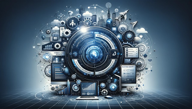 Szeroki baner firmy Telepartner przedstawiający technologie cyfrowe i rozwiązania telekomunikacyjne, z elementami łączności i innowacji w kolorach niebieskim, srebrnym i białym.